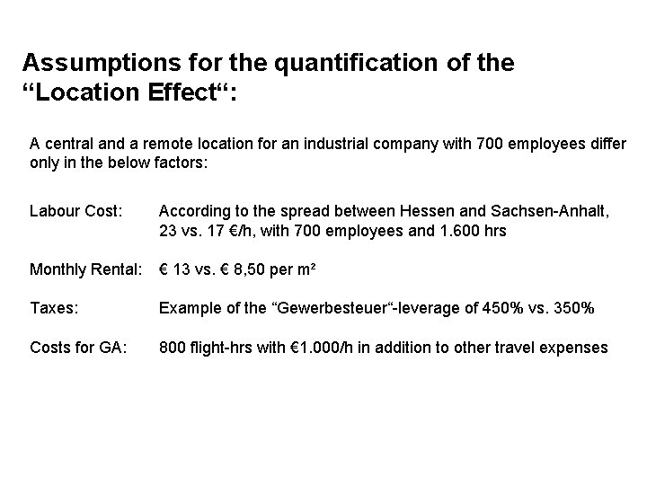 Assumptions for the quantification of the “Location Effect“: A central and a remote location