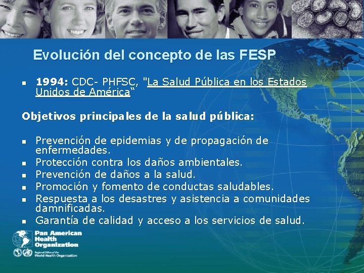 Evolución del concepto de las FESP n 1994: CDC- PHFSC, "La Salud Pública en