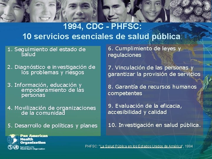 1994, CDC - PHFSC: 10 servicios esenciales de salud pública: 1. Seguimiento del estado