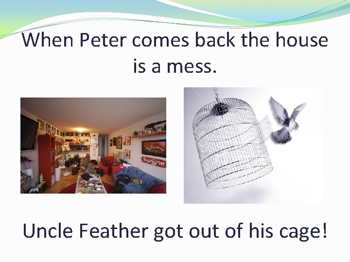 When Peter comes back the house is a mess. Uncle Feather got out of