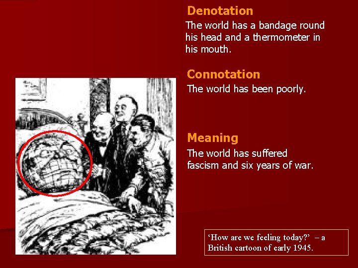 Denotation The world has a bandage round his head and a thermometer in his Denotation The world has a bandage round his head and a thermometer in his
