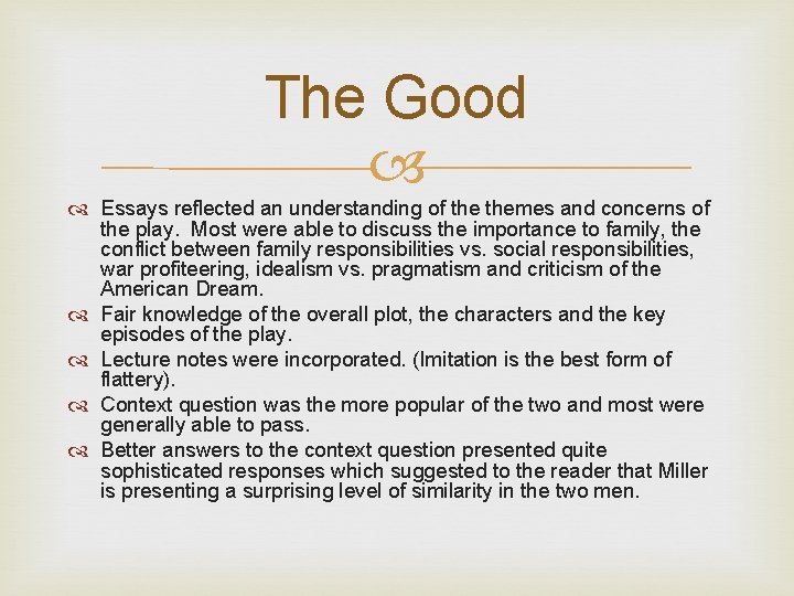 The Good Essays reflected an understanding of themes and concerns of the play. Most
