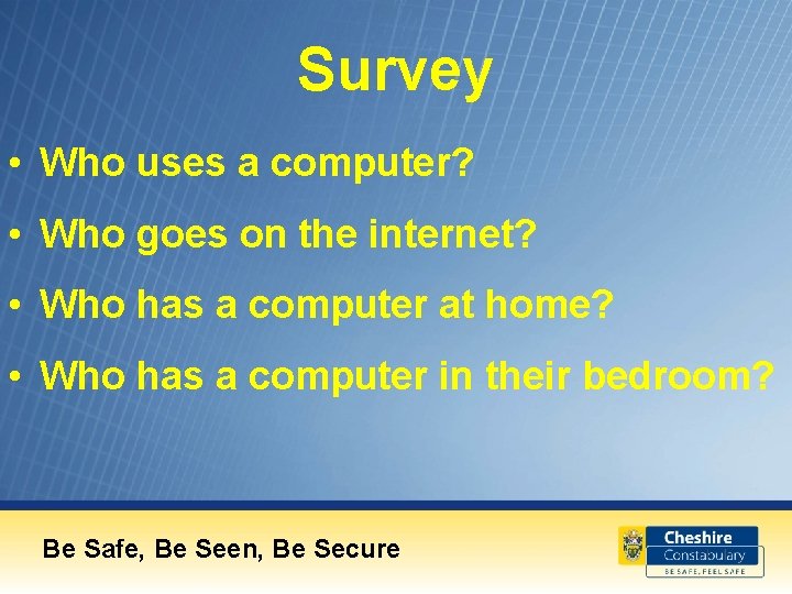 Survey • Who uses a computer? • Who goes on the internet? • Who