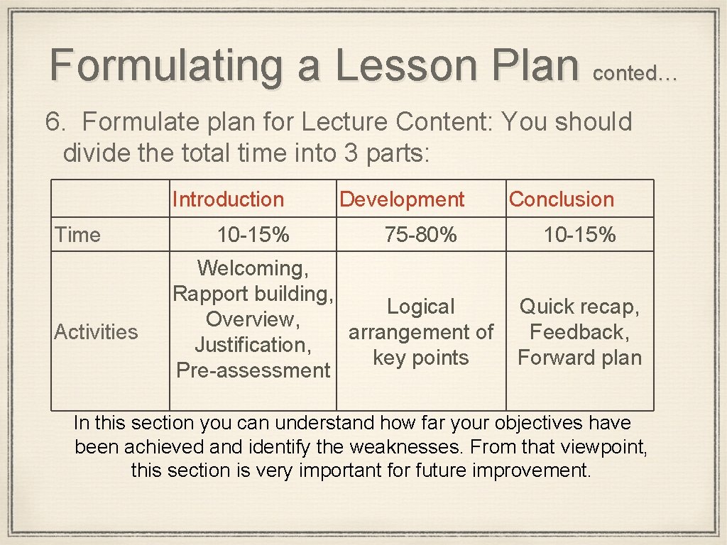 Formulating a Lesson Plan conted… 6. Formulate plan for Lecture Content: You should divide