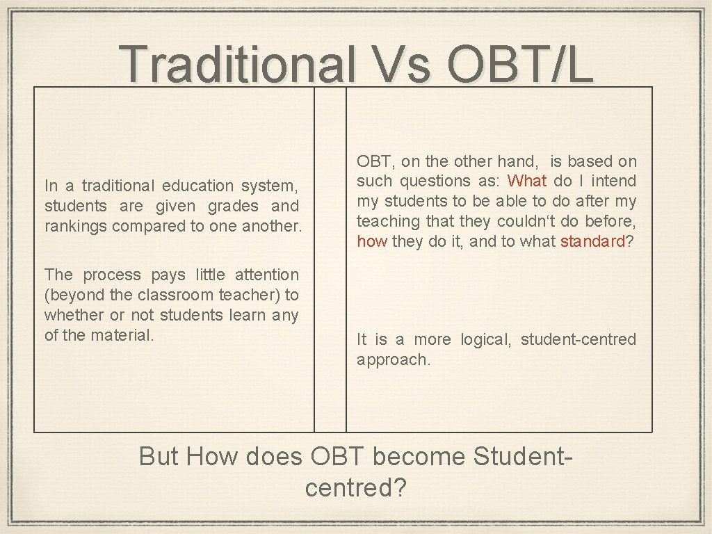 Traditional Vs OBT/L In a traditional education system, students are given grades and rankings