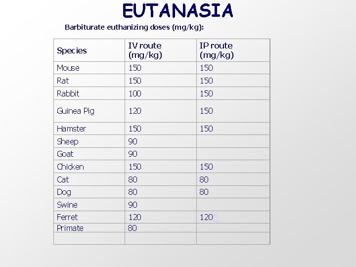 EUTANASIA Barbiturate euthanizing doses (mg/kg): Species IV route (mg/kg) IP route (mg/kg) Mouse 150