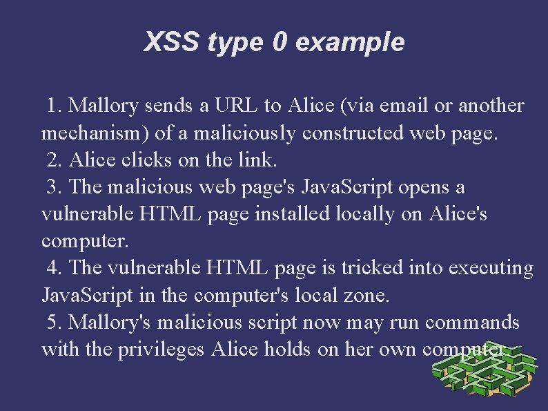 XSS type 0 example 1. Mallory sends a URL to Alice (via email or