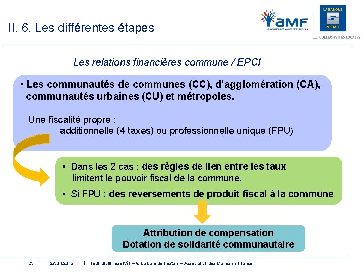 II. 6. Les différentes étapes Les relations financières commune / EPCI • Les communautés