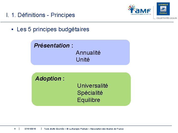 I. 1. Définitions - Principes • Les 5 principes budgétaires Présentation : Annualité Unité