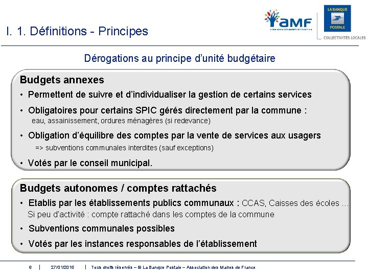 I. 1. Définitions - Principes Dérogations au principe d’unité budgétaire Budgets annexes • Permettent