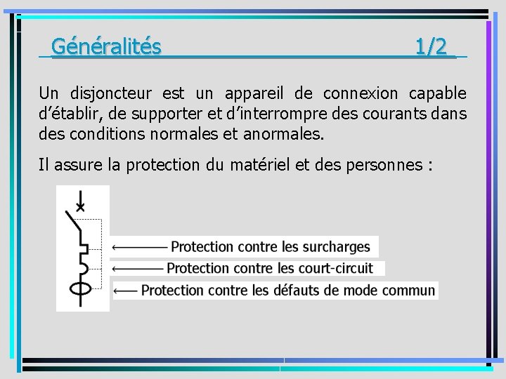 _Généralités 1/2 _ Un disjoncteur est un appareil de connexion capable d’établir, de supporter