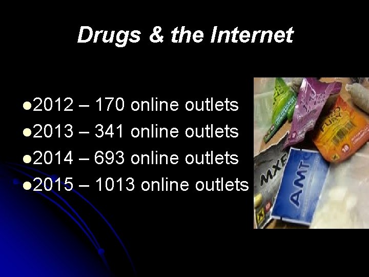 Drugs & the Internet l 2012 – 170 online outlets l 2013 – 341