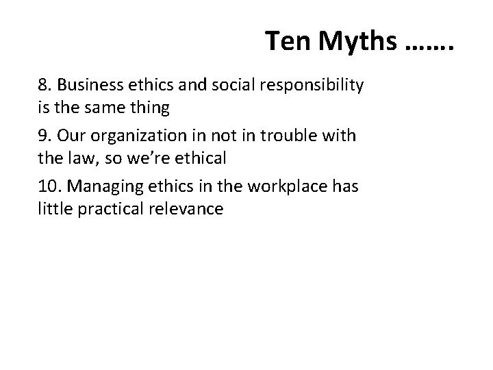 Ten Myths ……. 8. Business ethics and social responsibility is the same thing 9.