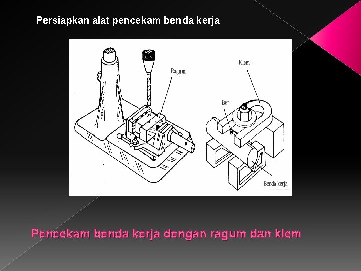 Persiapkan alat pencekam benda kerja Pencekam benda kerja dengan ragum dan klem 