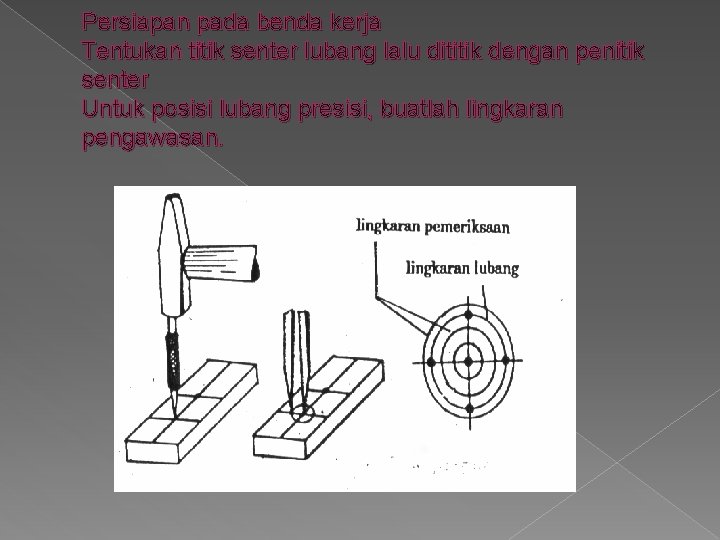 Persiapan pada benda kerja Tentukan titik senter lubang lalu dititik dengan penitik senter Untuk
