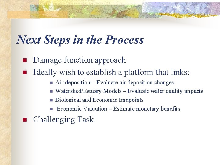 Next Steps in the Process n n Damage function approach Ideally wish to establish
