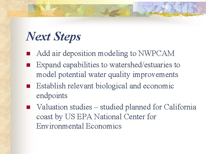 Next Steps n n Add air deposition modeling to NWPCAM Expand capabilities to watershed/estuaries