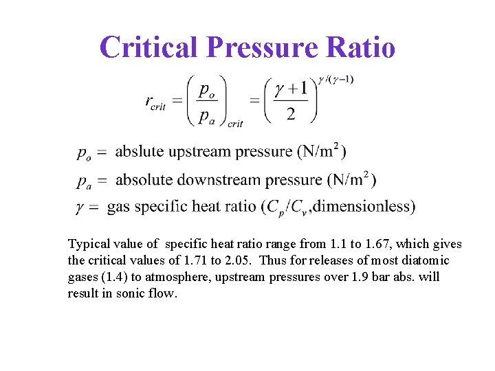 Critical Pressure Ratio Typical value of specific heat ratio range from 1. 1 to