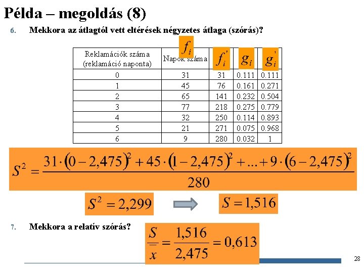 Példa – megoldás (8) 6. Mekkora az átlagtól vett eltérések négyzetes átlaga (szórás)? Reklamációk