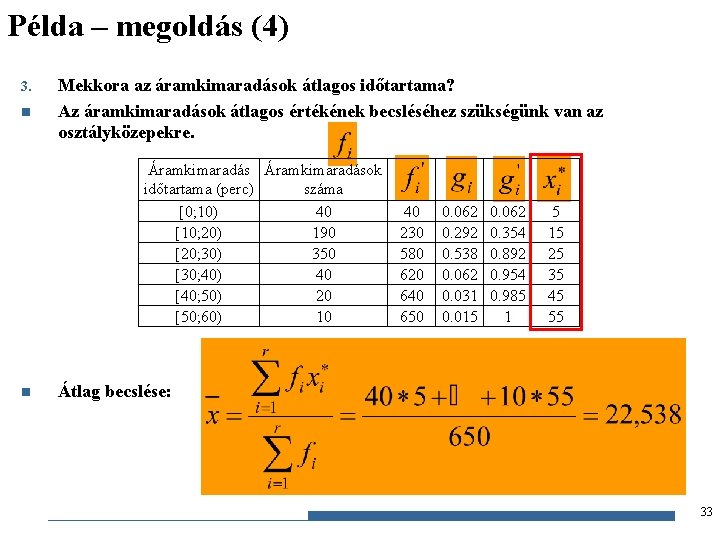 Példa – megoldás (4) 3. n Mekkora az áramkimaradások átlagos időtartama? Az áramkimaradások átlagos