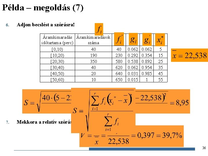 Példa – megoldás (7) 6. Adjon becslést a szórásra! Áramkimaradások időtartama (perc) száma [0;