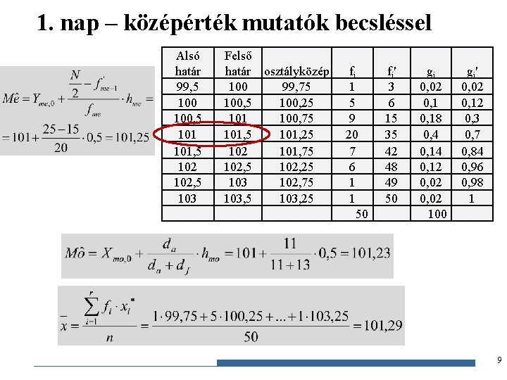 1. nap – középérték mutatók becsléssel Alsó határ 99, 5 100, 5 101, 5