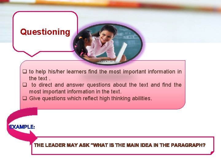 Questioning q to help his/her learners find the most important information in the text.