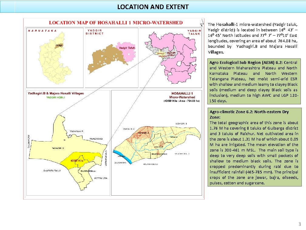 LOCATION AND EXTENT The Hosahalli-1 micro-watershed (Yadgir taluk, Yadgir district) is located in between