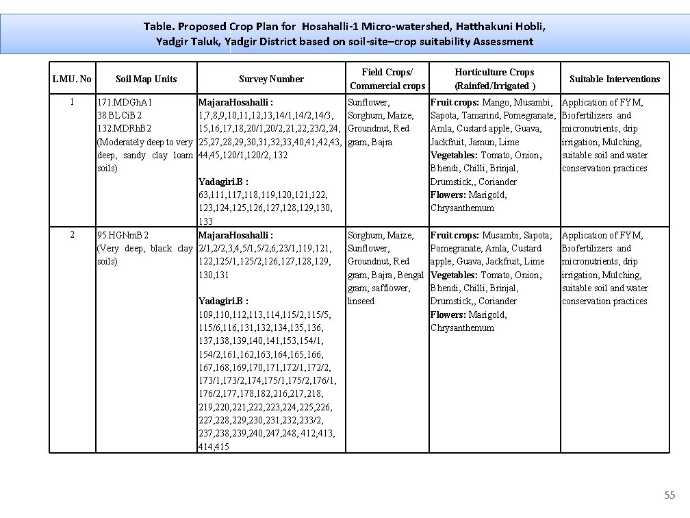 Table. Proposed Crop Plan for Hosahalli-1 Micro-watershed, Hatthakuni Hobli, Yadgir Taluk, Yadgir District based
