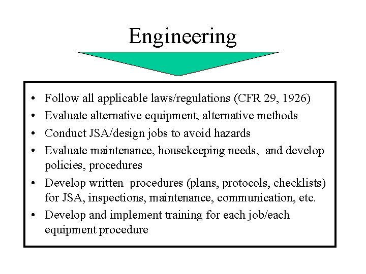 Engineering • • Follow all applicable laws/regulations (CFR 29, 1926) Evaluate alternative equipment, alternative