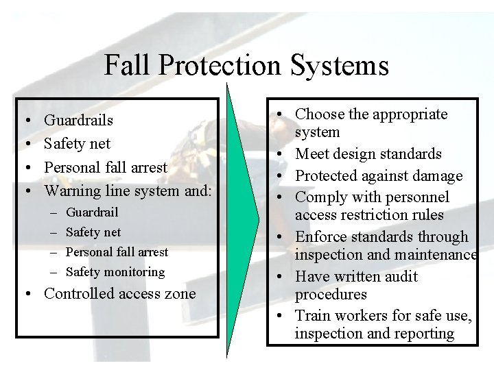 Fall Protection Systems • • Guardrails Safety net Personal fall arrest Warning line system