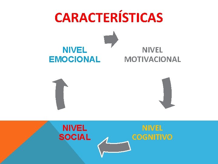 CARACTERÍSTICAS NIVEL EMOCIONAL NIVEL MOTIVACIONAL NIVEL SOCIAL NIVEL COGNITIVO 
