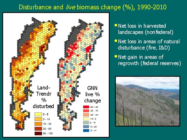Disturbance and live biomass change (%), 1990 -2010 • Net loss in harvested landscapes