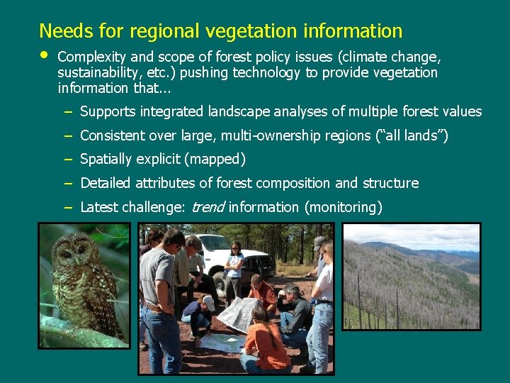 Needs for regional vegetation information • Complexity and scope of forest policy issues (climate