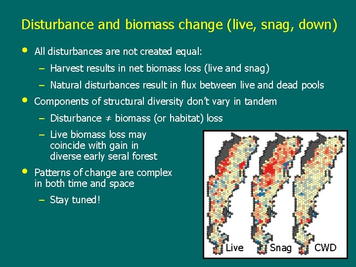 Disturbance and biomass change (live, snag, down) • All disturbances are not created equal: