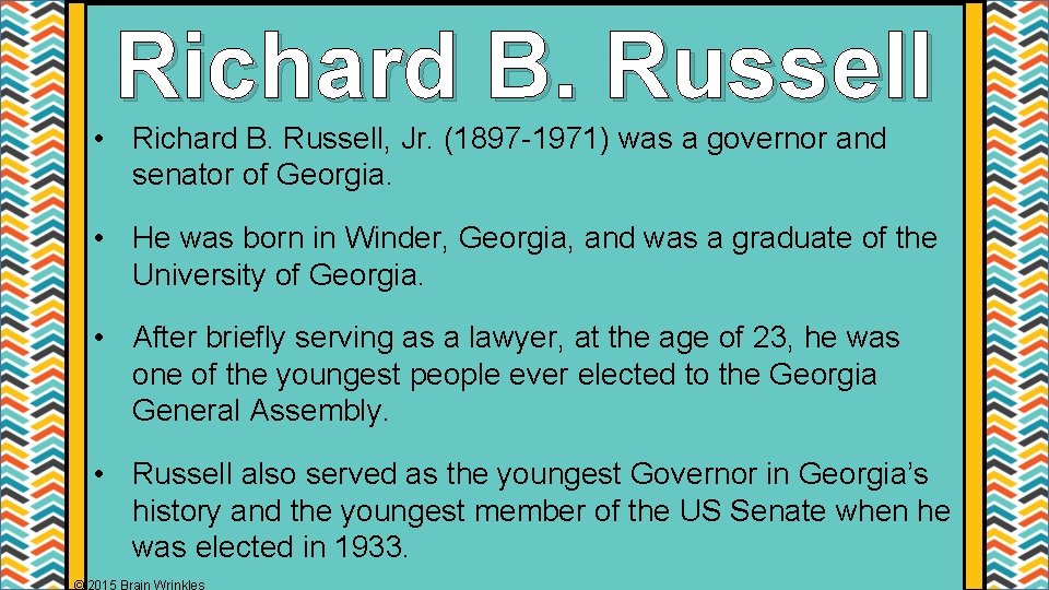 Richard B. Russell • Richard B. Russell, Jr. (1897 -1971) was a governor and Richard B. Russell • Richard B. Russell, Jr. (1897 -1971) was a governor and