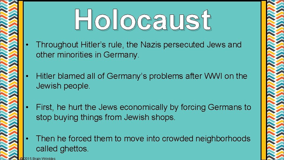 Holocaust • Throughout Hitler’s rule, the Nazis persecuted Jews and other minorities in Germany. Holocaust • Throughout Hitler’s rule, the Nazis persecuted Jews and other minorities in Germany.