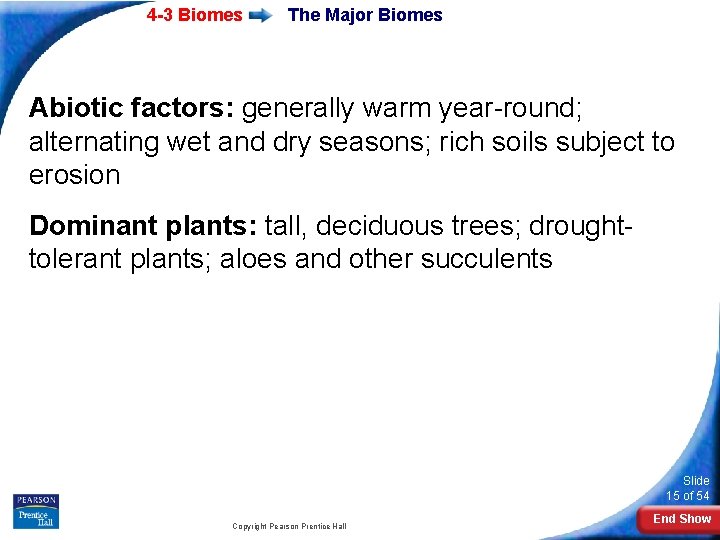 4 -3 Biomes The Major Biomes Abiotic factors: generally warm year-round; alternating wet and