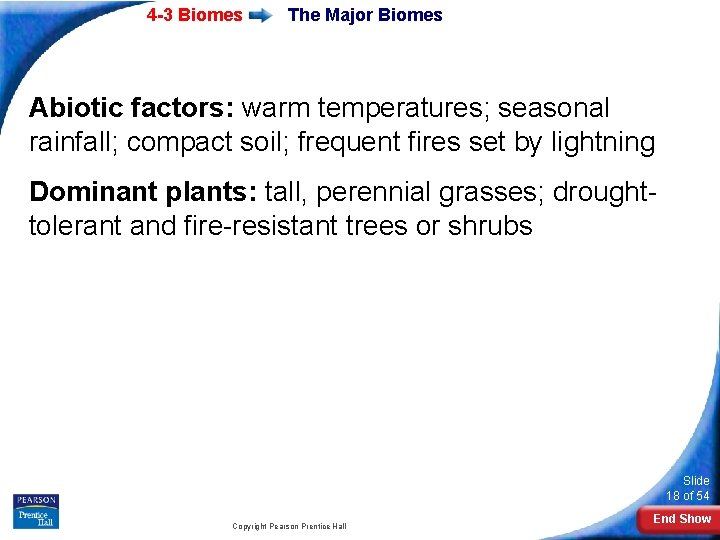 4 -3 Biomes The Major Biomes Abiotic factors: warm temperatures; seasonal rainfall; compact soil;