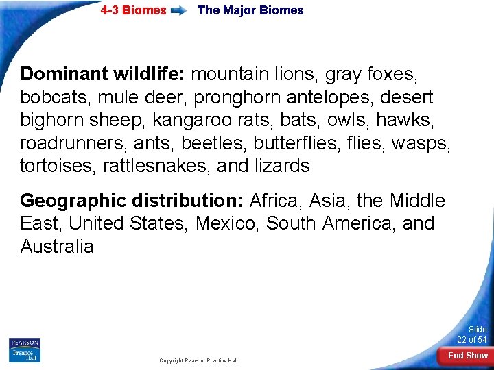 4 -3 Biomes The Major Biomes Dominant wildlife: mountain lions, gray foxes, bobcats, mule