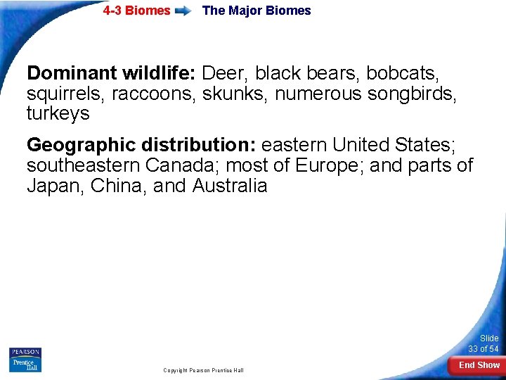 4 -3 Biomes The Major Biomes Dominant wildlife: Deer, black bears, bobcats, squirrels, raccoons,