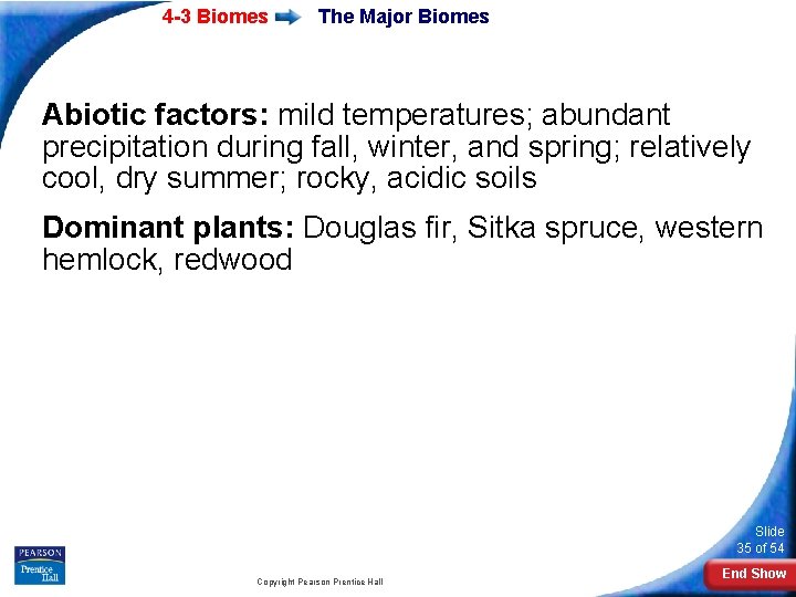 4 -3 Biomes The Major Biomes Abiotic factors: mild temperatures; abundant precipitation during fall,