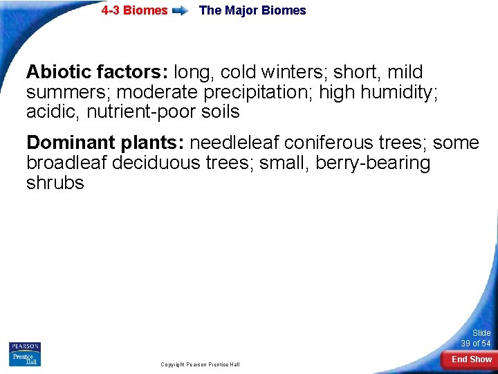 4 -3 Biomes The Major Biomes Abiotic factors: long, cold winters; short, mild summers;