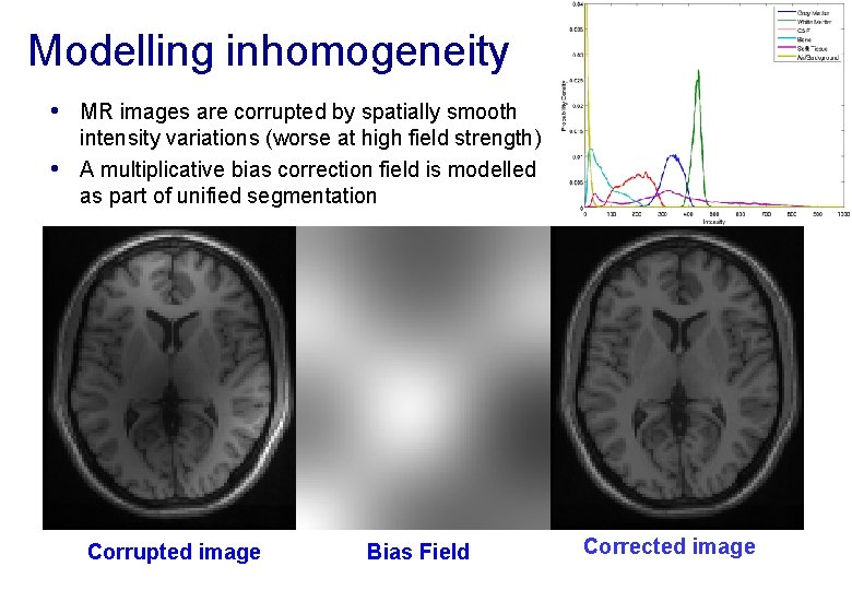 Modelling inhomogeneity • MR images are corrupted by spatially smooth • intensity variations (worse