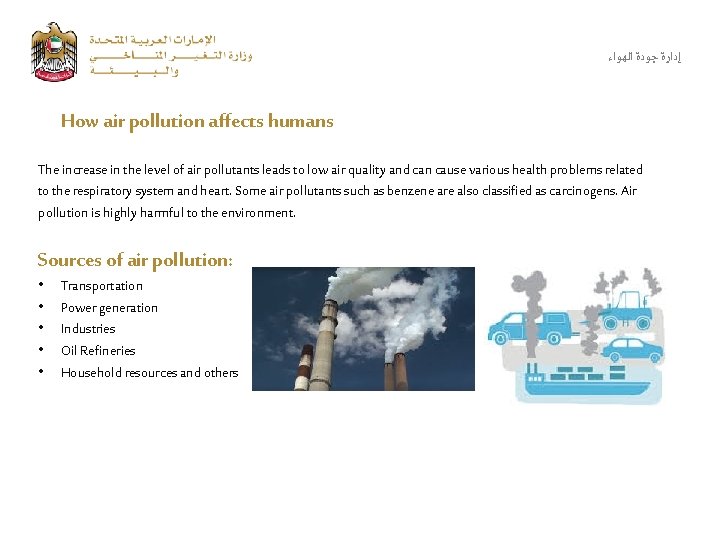  ﺇﺩﺍﺭﺓ ﺟﻮﺩﺓ ﺍﻟﻬﻮﺍﺀ How air pollution affects humans The increase in the level