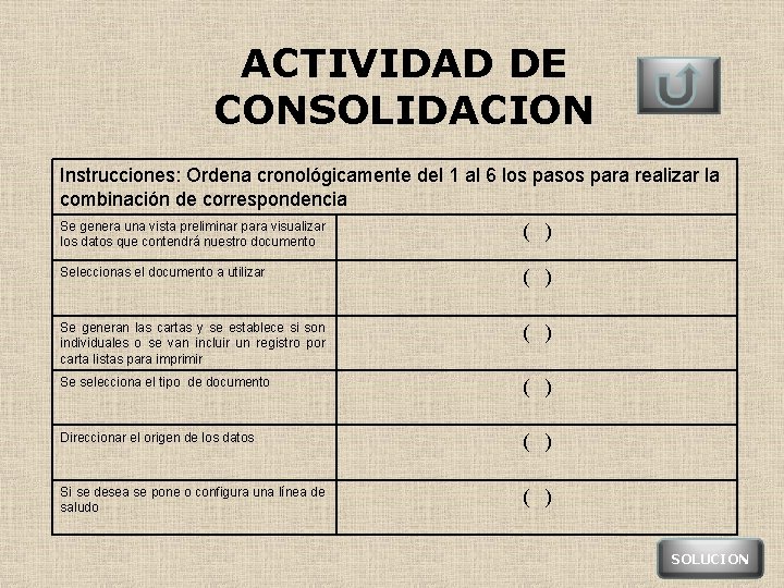 ACTIVIDAD DE CONSOLIDACION Instrucciones: Ordena cronológicamente del 1 al 6 los pasos para realizar