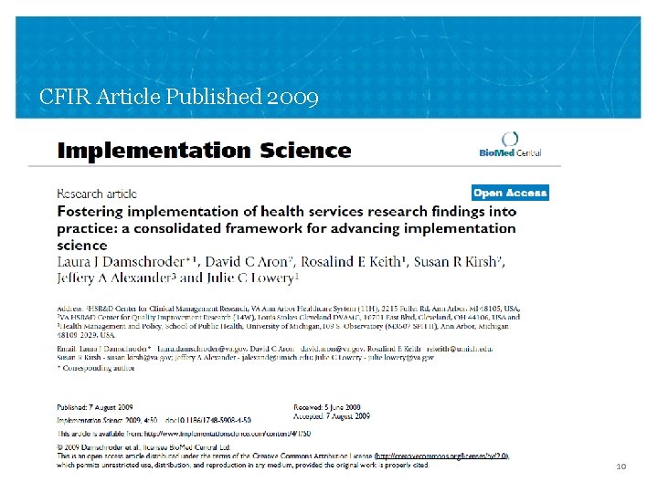 CFIR Article Published 2009 VA ANN ARBOR HEALTHCARE SYSTEM 10 