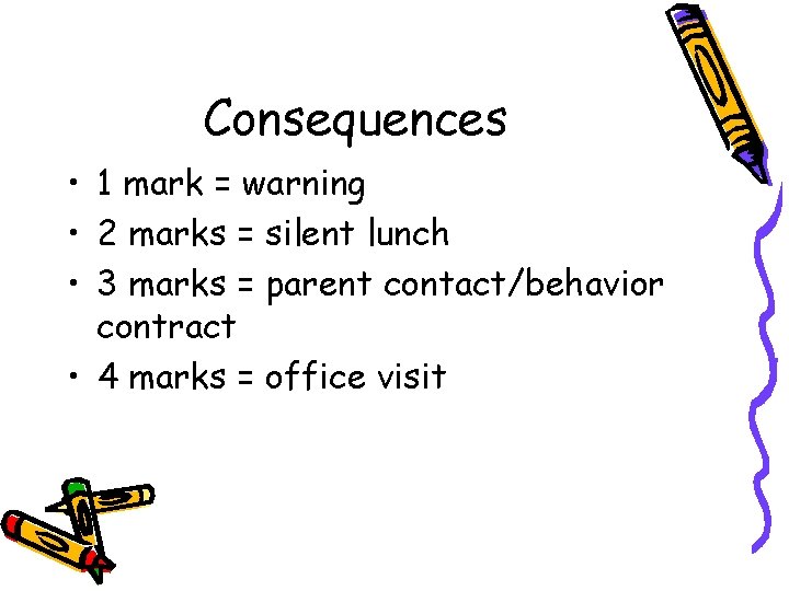 Consequences • 1 mark = warning • 2 marks = silent lunch • 3