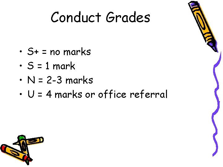 Conduct Grades • • S+ = no marks S = 1 mark N =