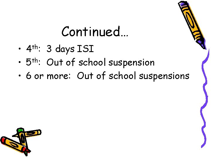 Continued… • 4 th: 3 days ISI • 5 th: Out of school suspension